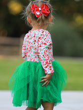 Load image into Gallery viewer, Christmas Santa Applique Floral Long Sleeve Ruffle with Bow Ties Girls Dress
