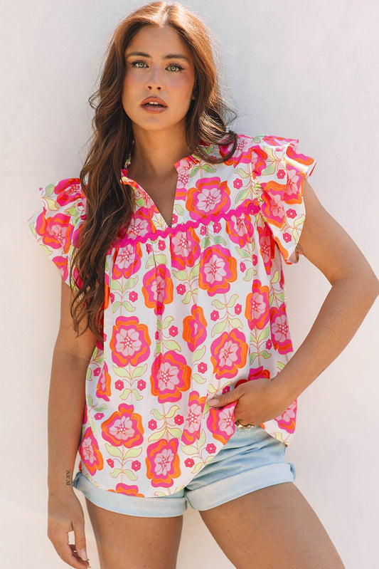 Rose Floral Ruffled Sleeve Ric - rac Trim Split Neck Loose Blouse - Abbies Place
