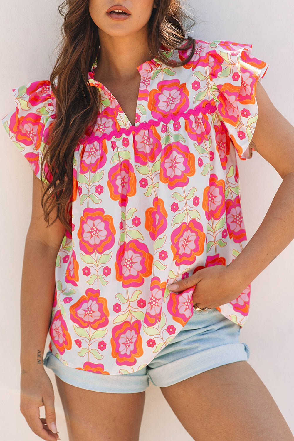 Rose Floral Ruffled Sleeve Ric - rac Trim Split Neck Loose Blouse - Abbies Place
