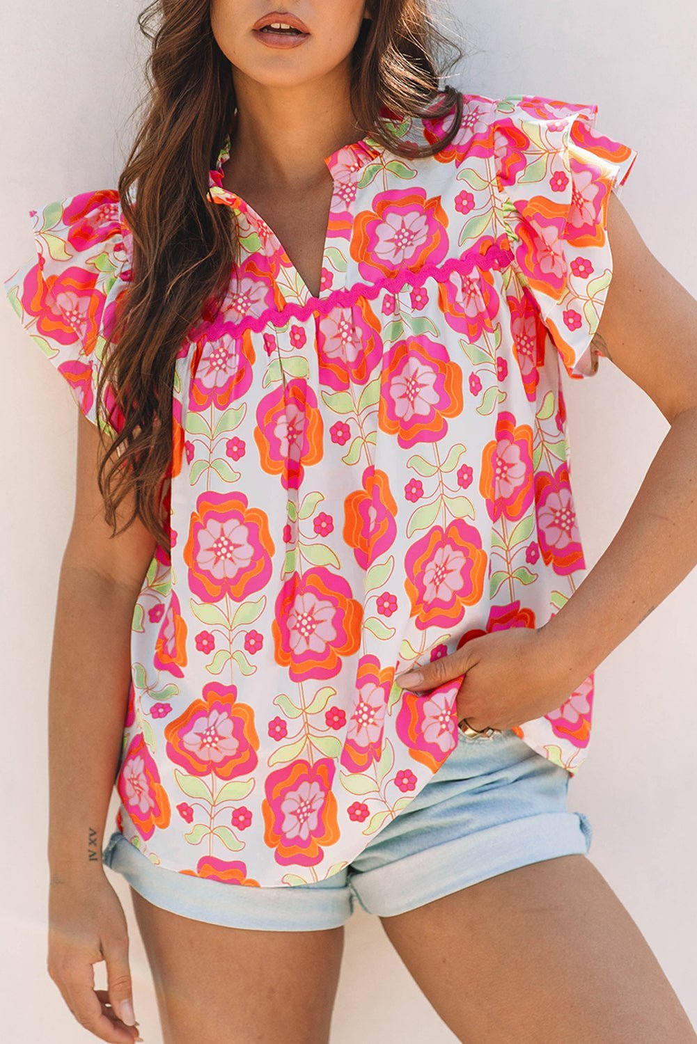 Rose Floral Ruffled Sleeve Ric-rac Trim Split Neck Loose Blouse - Abbies Place