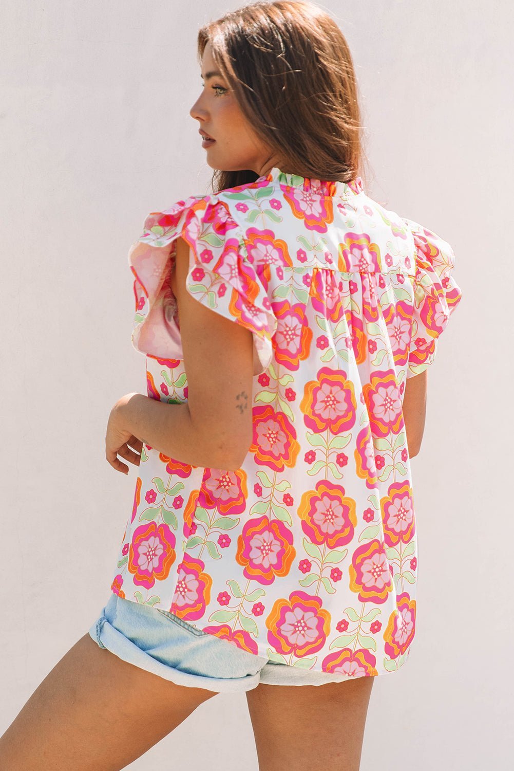 Rose Floral Ruffled Sleeve Ric-rac Trim Split Neck Loose Blouse - Abbies Place