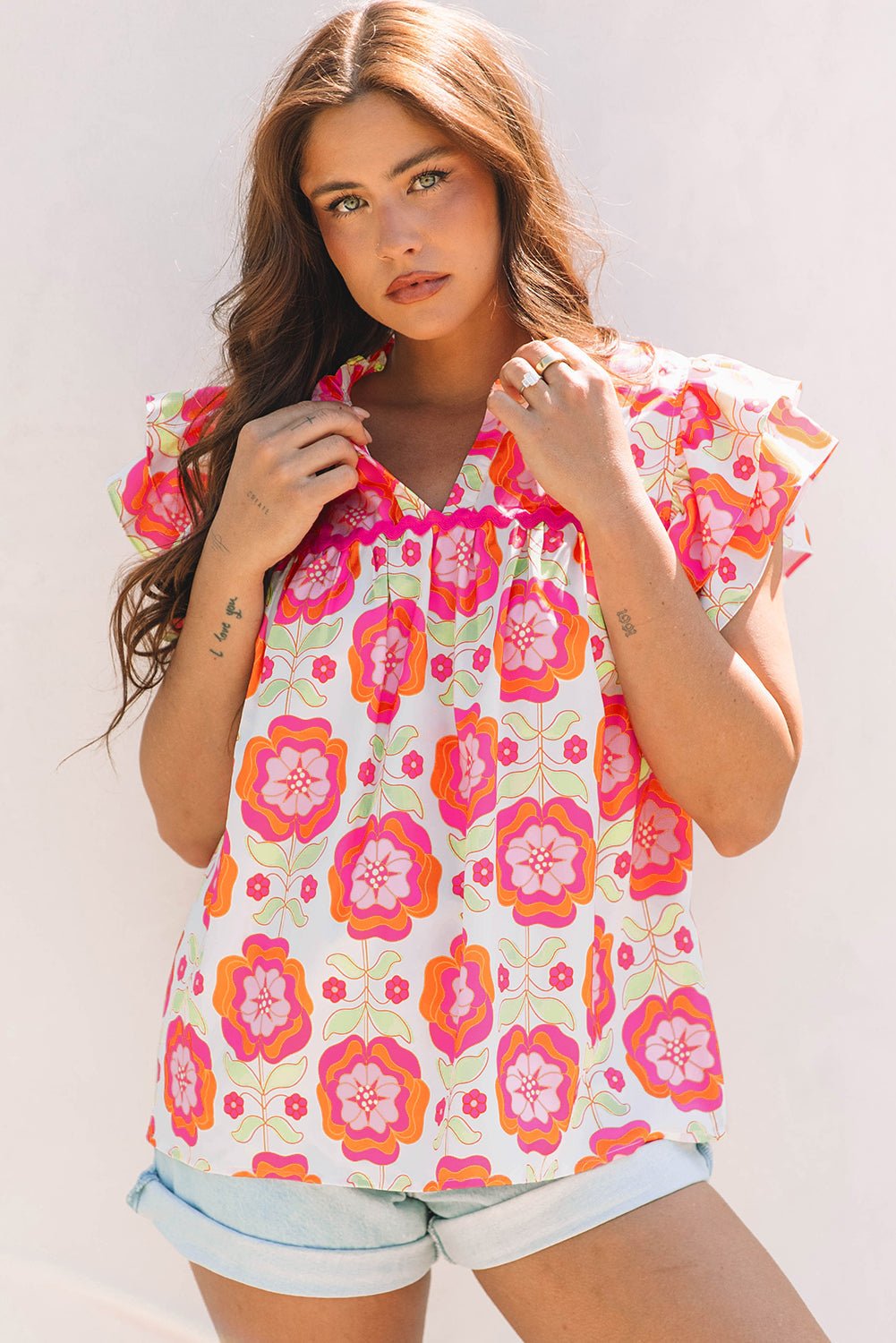 Rose Floral Ruffled Sleeve Ric - rac Trim Split Neck Loose Blouse - Abbies Place