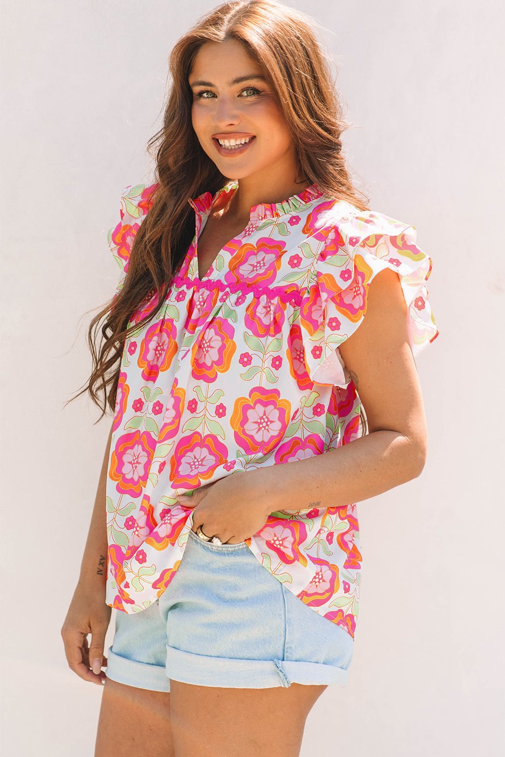 Rose Floral Ruffled Sleeve Ric - rac Trim Split Neck Loose Blouse - Abbies Place
