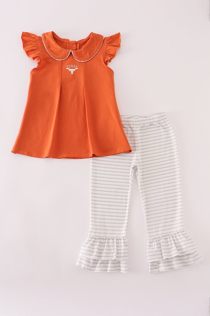 Rust Texas embroidery ruffle pants set - Abbies Place