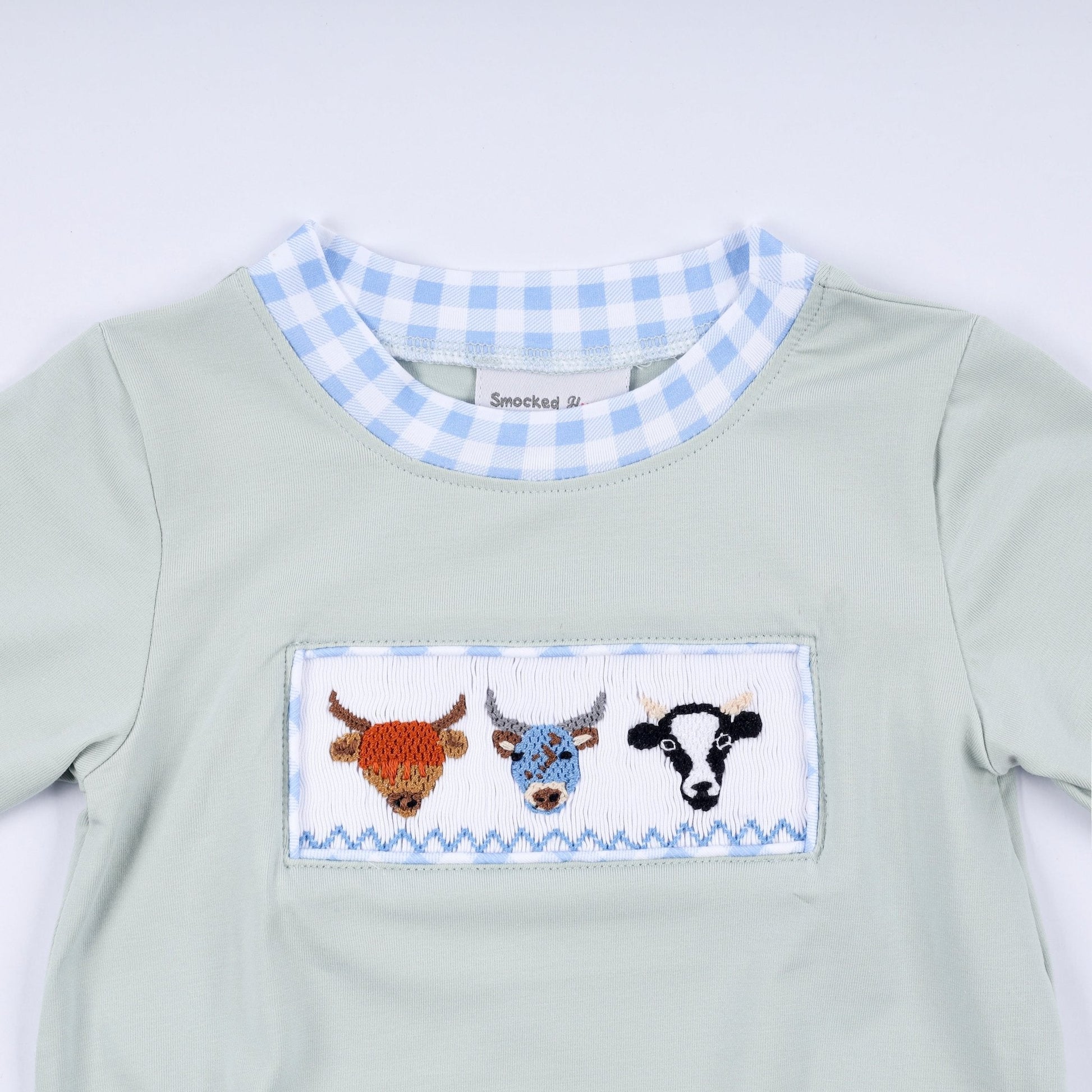 Sage cow hand smocked bubble - Abbies Place