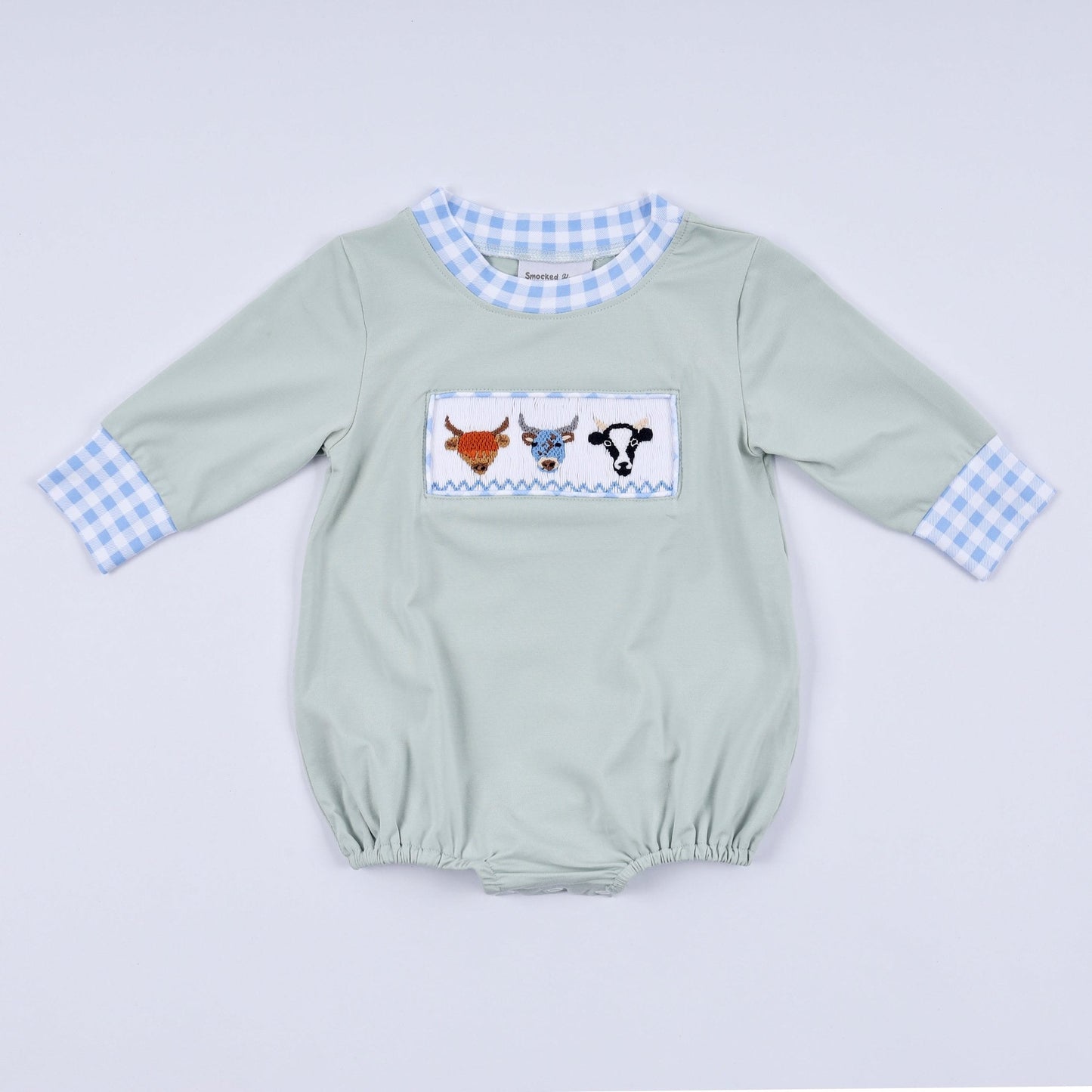 Sage cow hand smocked bubble - Abbies Place