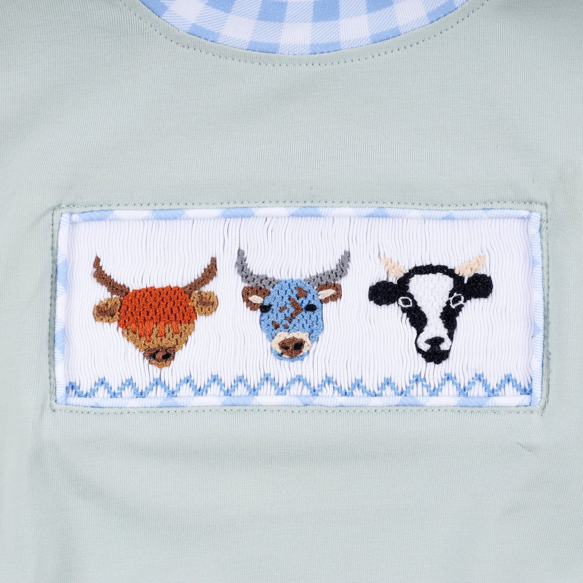 Sage cow hand smocked bubble - Abbies Place