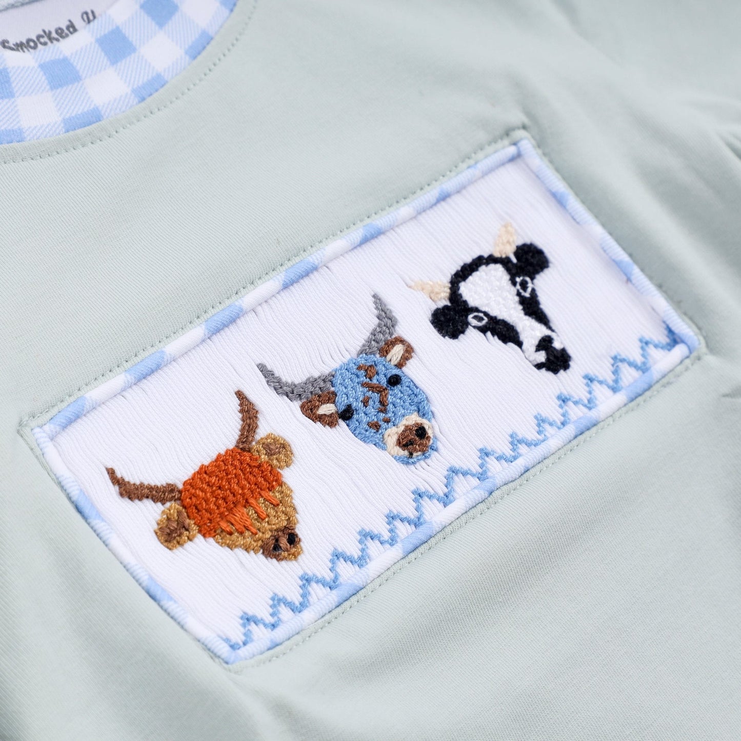 Sage cow hand smocked bubble - Abbies Place