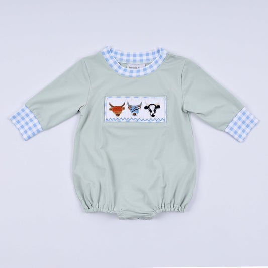 Sage cow hand smocked bubble - Abbies Place