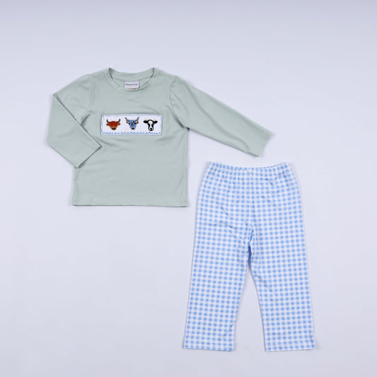 Sage cow hand smocked gingham pants set - Abbies Place