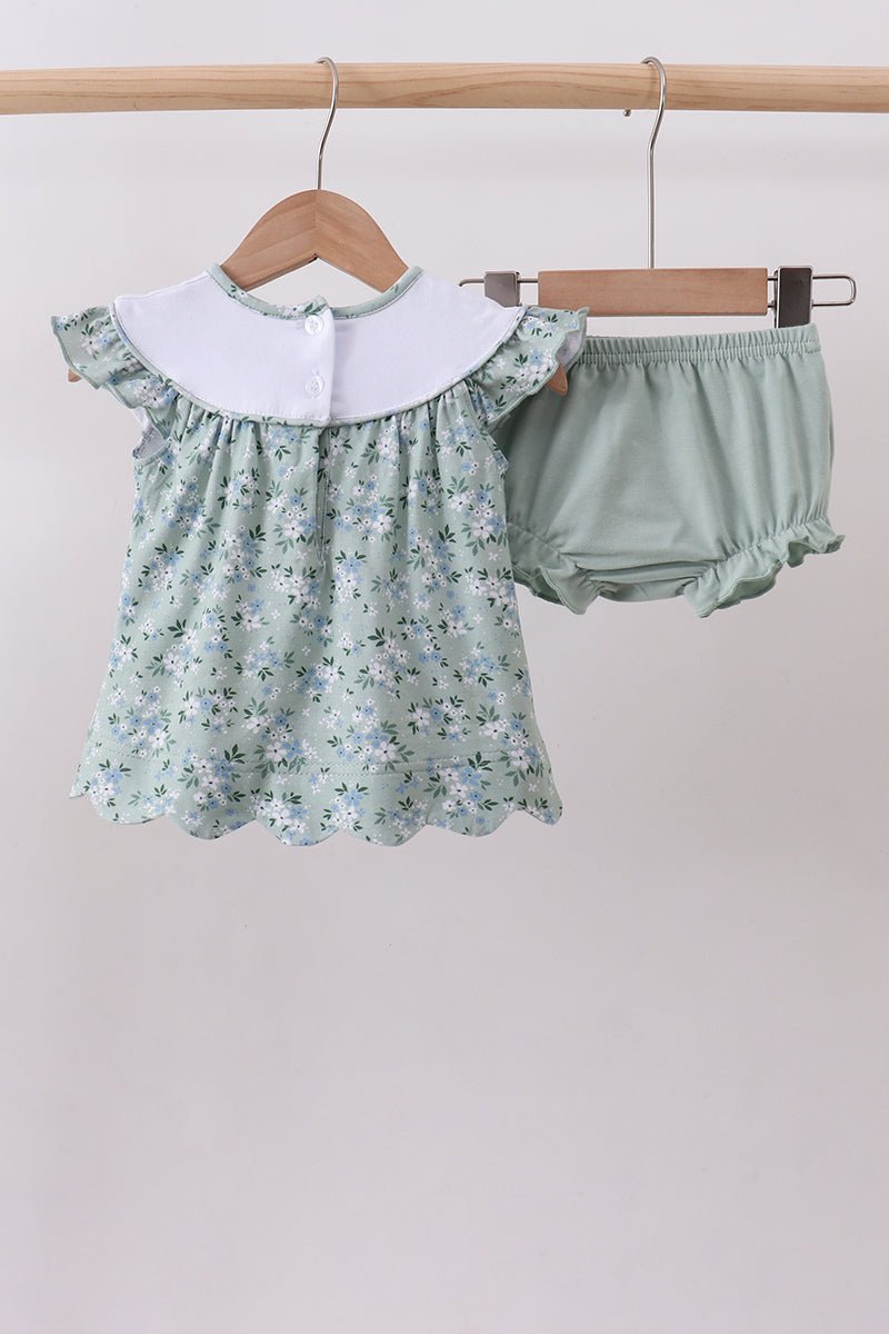 Sage floral cross embroidery ruffle bloomer set - Abbies Place