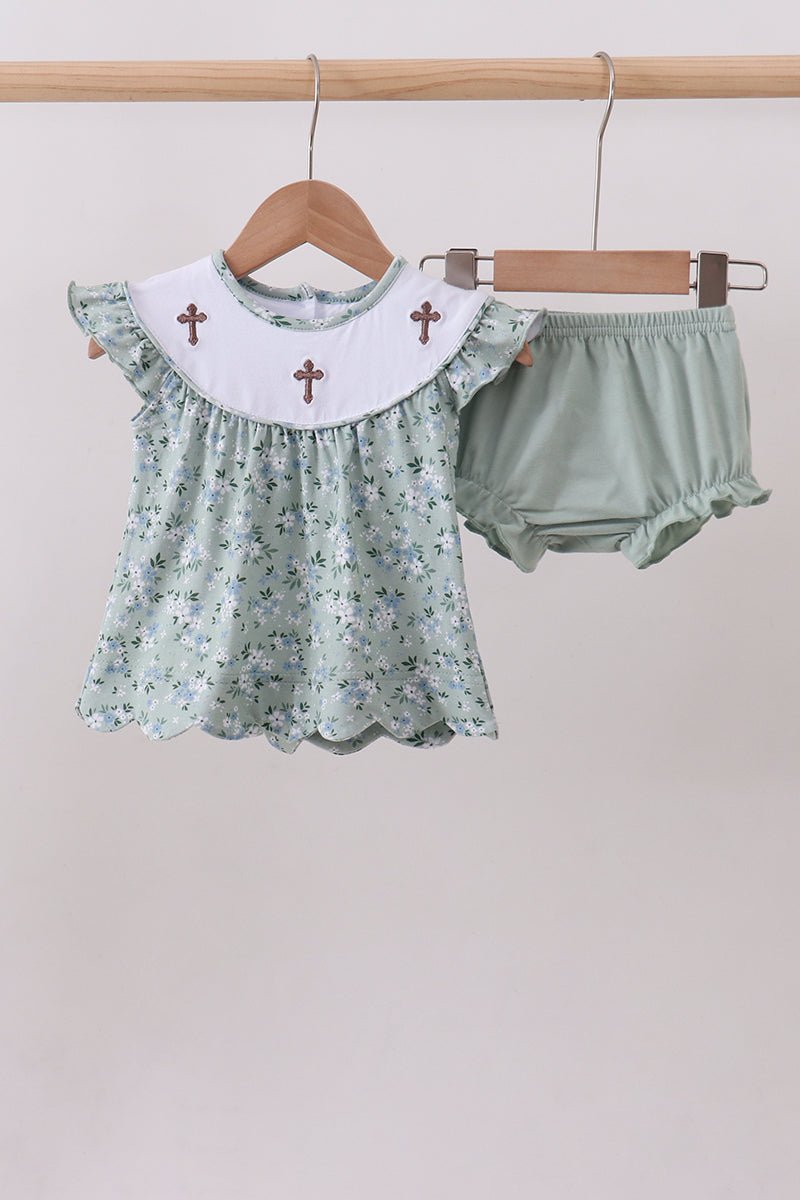 Sage floral cross embroidery ruffle bloomer set - Abbies Place