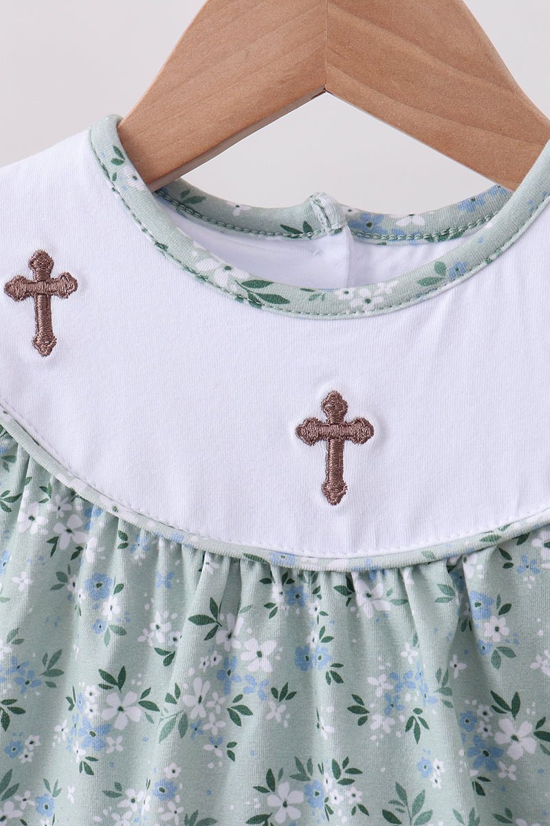 Sage floral cross embroidery ruffle bloomer set - Abbies Place