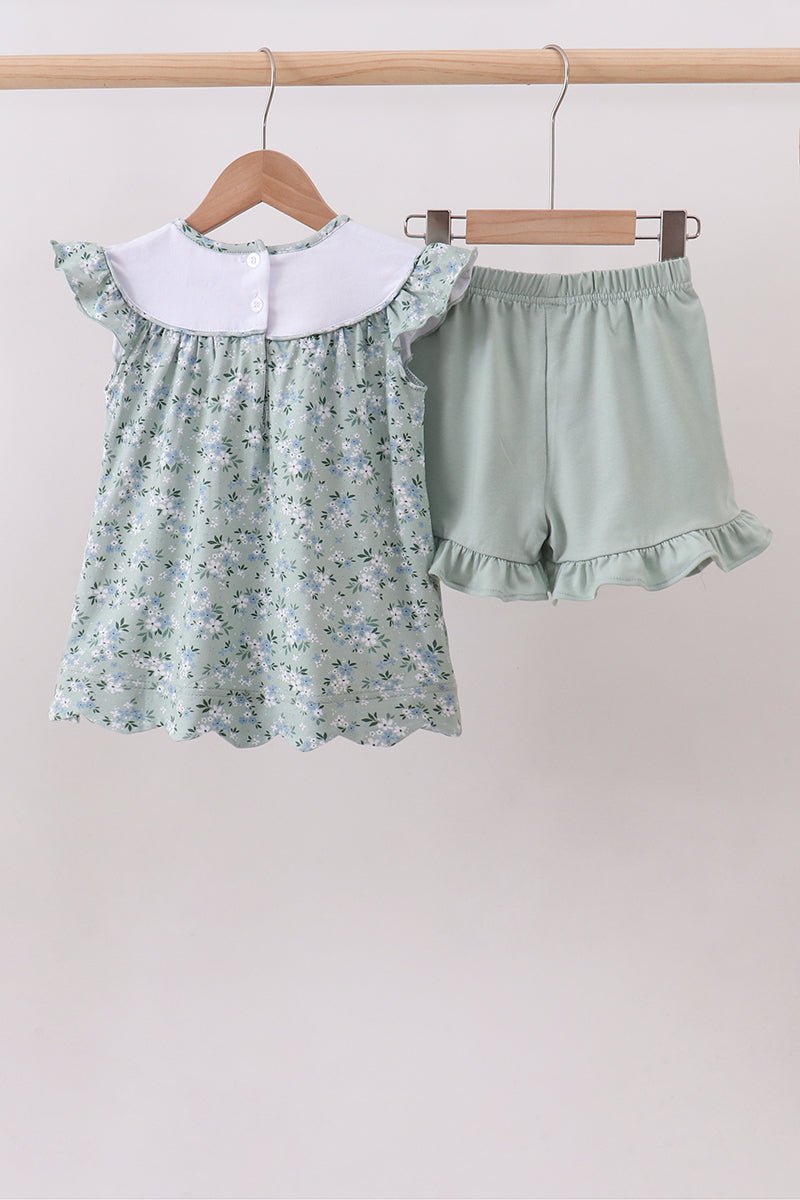 Sage floral cross embroidery ruffle shorts set - Abbies Place