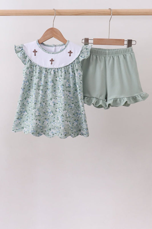 Sage floral cross embroidery ruffle shorts set - Abbies Place