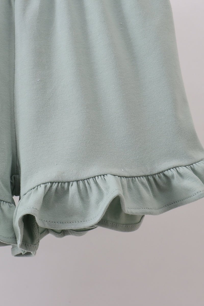 Sage floral cross embroidery ruffle shorts set - Abbies Place