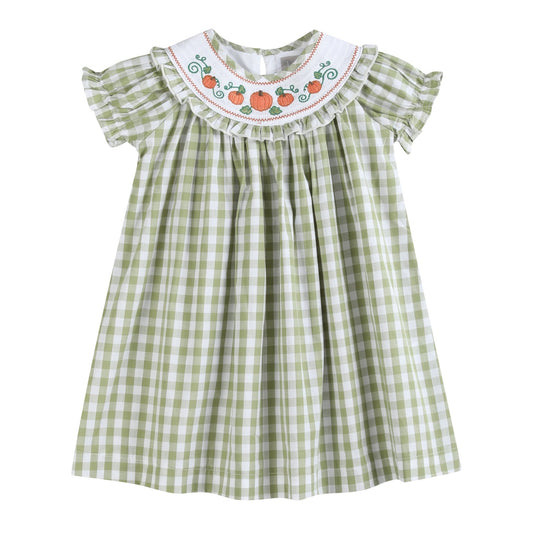 Sage Green Gingham Pumpkin Smocked Bishop Dress - Abbies Place