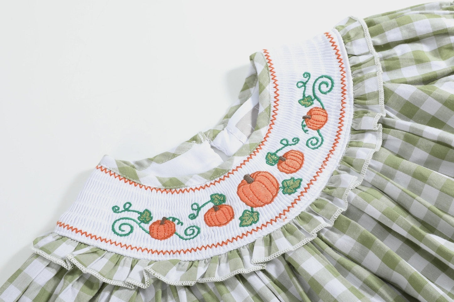 Sage Green Gingham Pumpkin Smocked Bishop Dress - Abbies Place