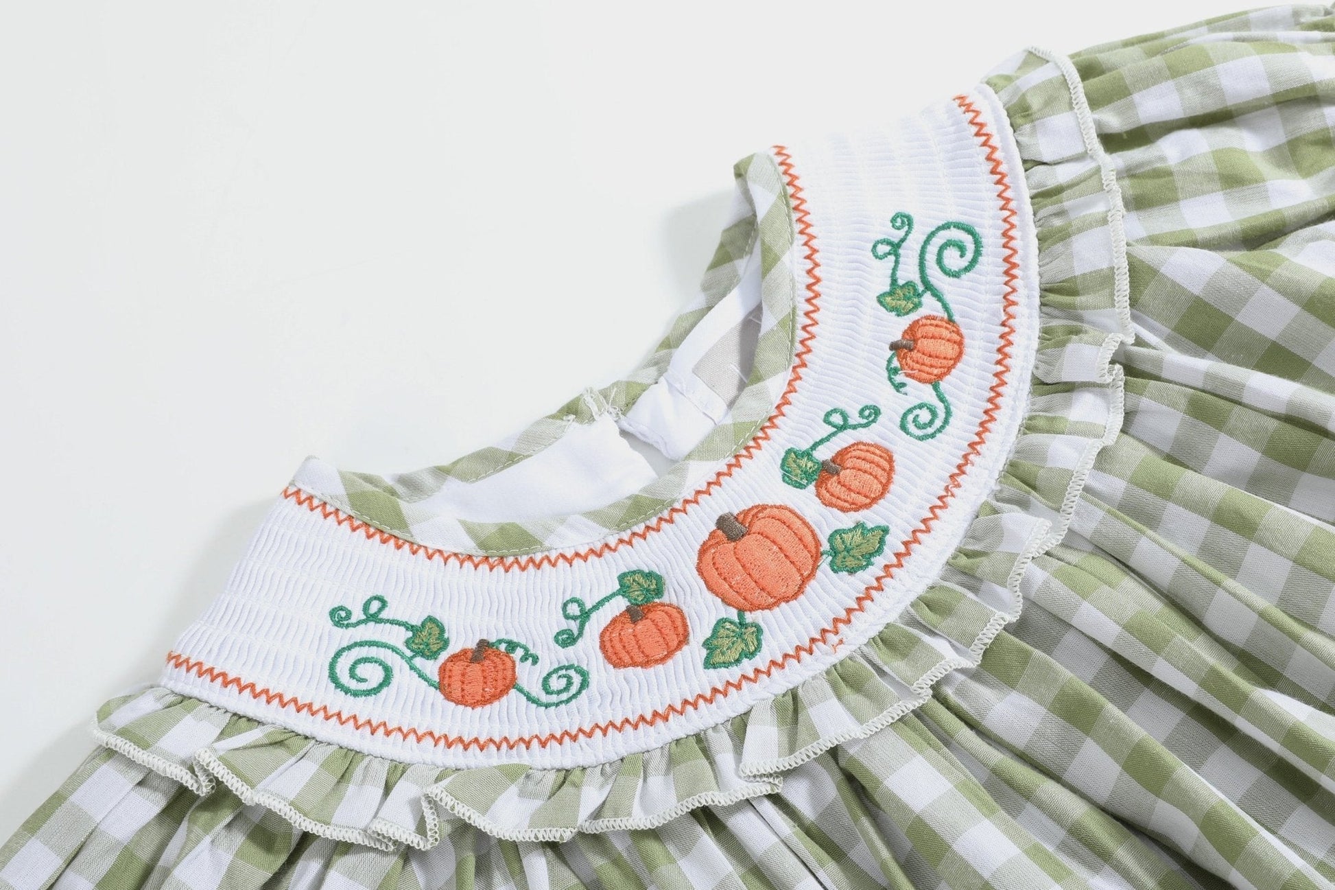 Sage Green Gingham Pumpkin Smocked Bishop Dress - Abbies Place