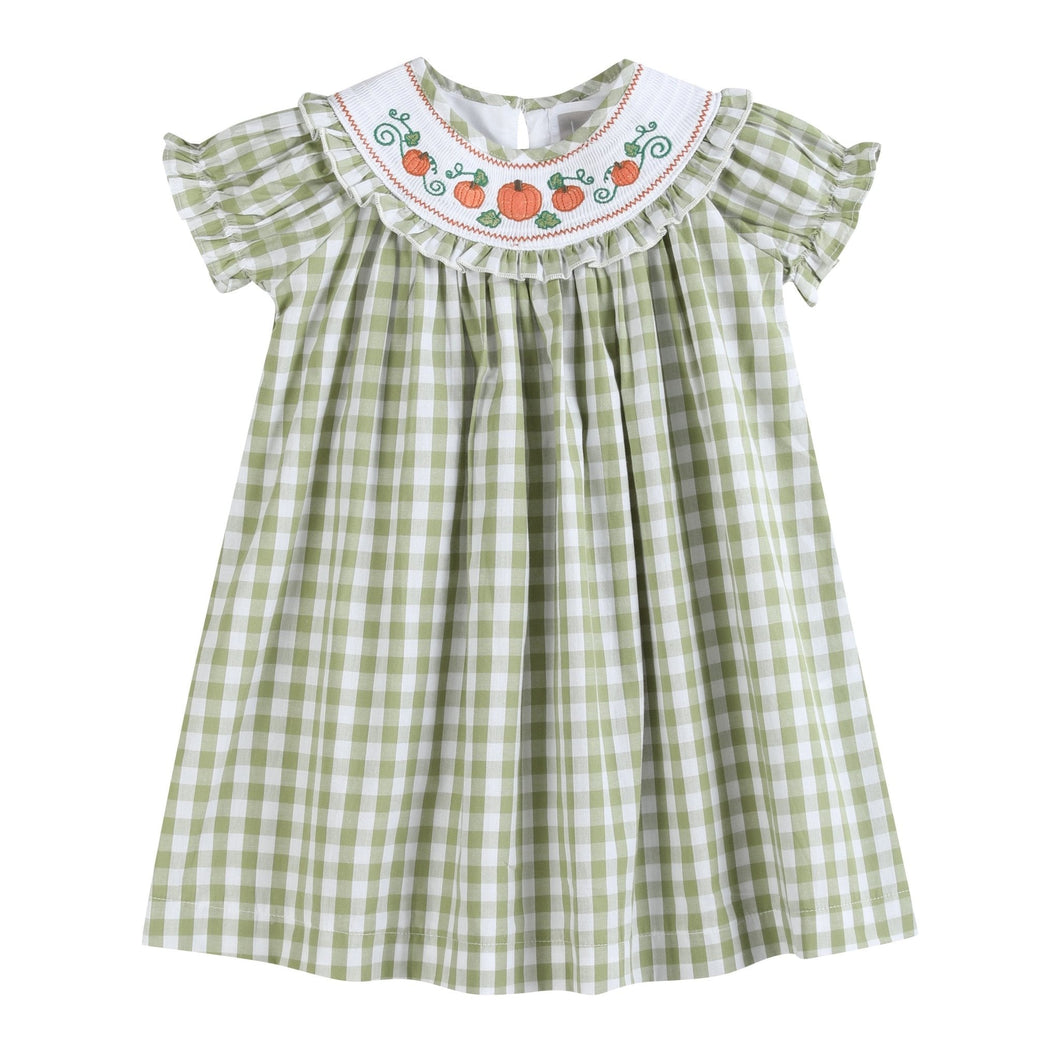 Sage Green Gingham Pumpkin Smocked Bishop Dress