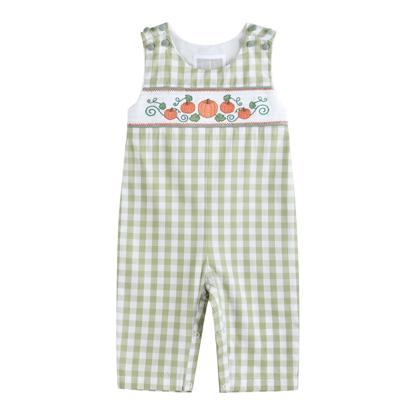Sage Green Gingham Pumpkin Smocked Overalls - Abbies Place