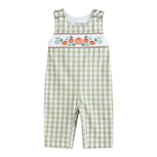 Sage Green Gingham Pumpkin Smocked Overalls - Abbies Place