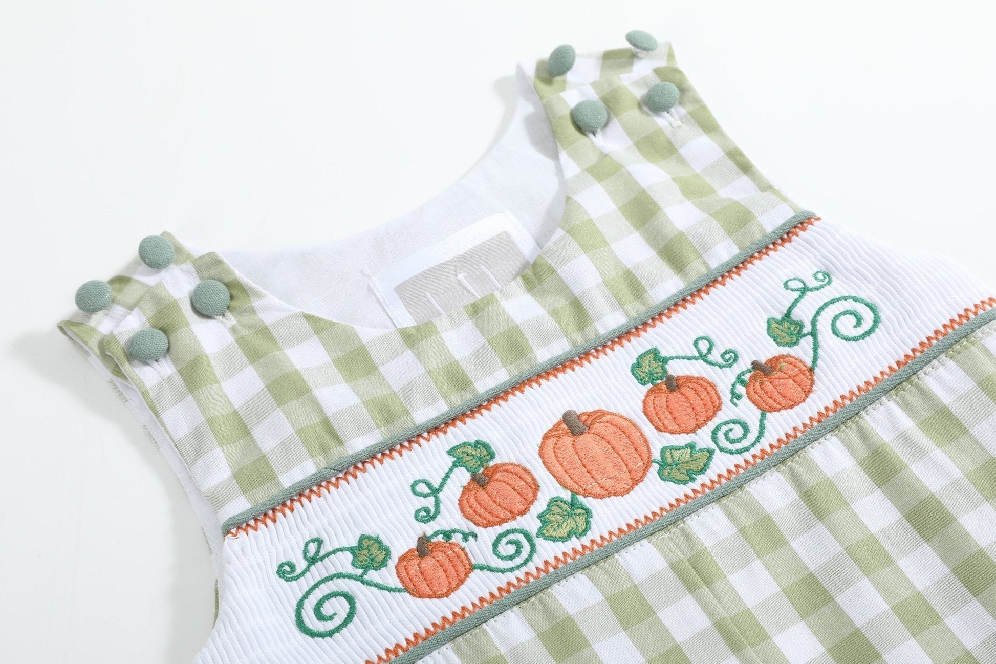 Sage Green Gingham Pumpkin Smocked Overalls - Abbies Place