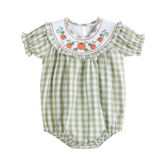 Sage Green Gingham Pumpkin Smocked Romper - Abbies Place