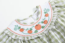 Load image into Gallery viewer, Sage Green Gingham Pumpkin Smocked Romper
