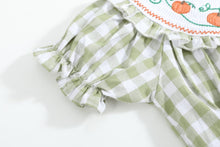 Load image into Gallery viewer, Sage Green Gingham Pumpkin Smocked Romper
