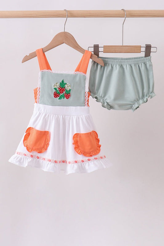 Sage strawberry embroidery ruffle bloomer set - Abbies Place