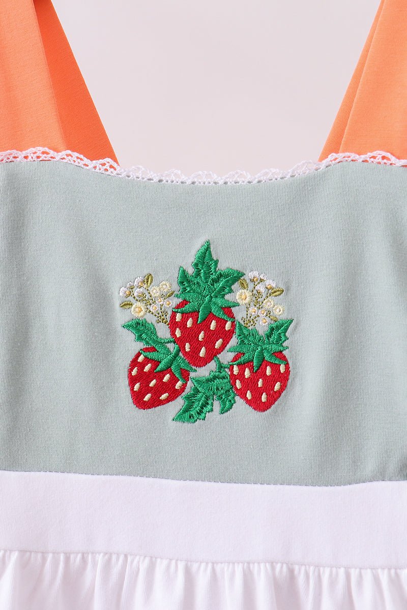 Sage strawberry embroidery ruffle dress - Abbies Place