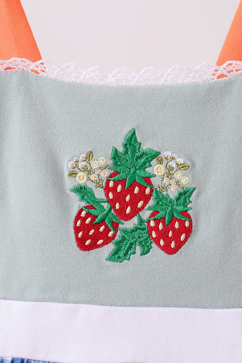 Sage strawberry embroidery ruffle gingham bloomer set - Abbies Place