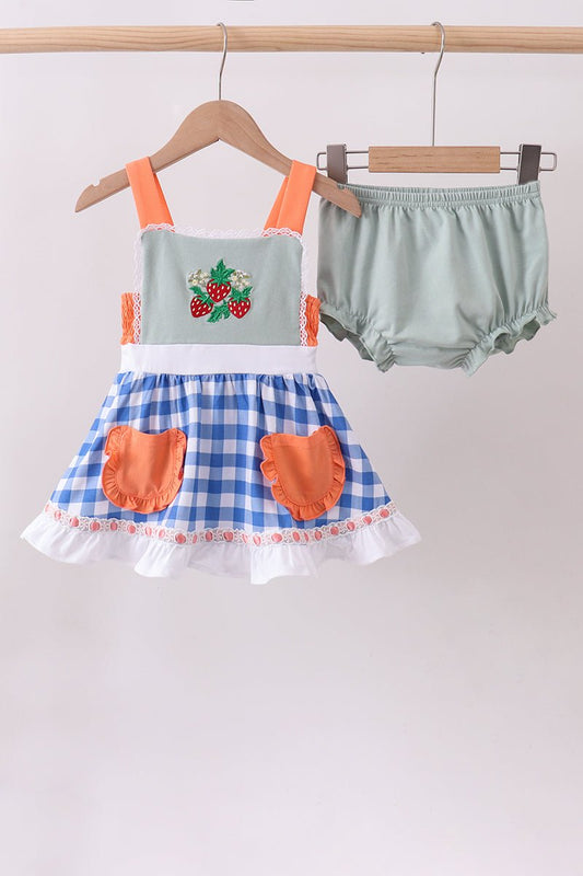 Sage strawberry embroidery ruffle gingham bloomer set - Abbies Place