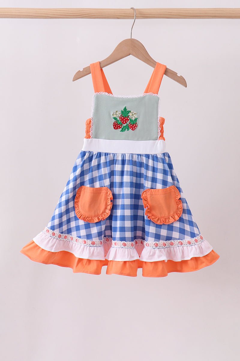 Sage strawberry embroidery ruffle gingham dress - Abbies Place