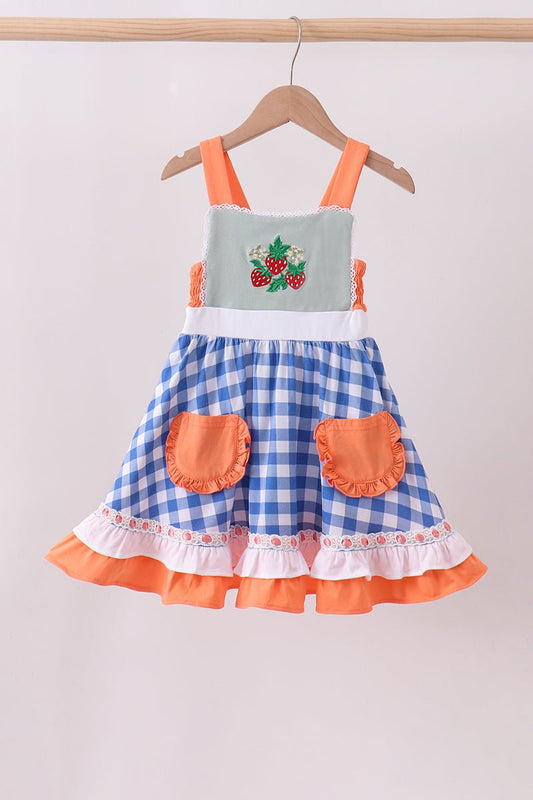 Sage strawberry embroidery ruffle gingham dress - Abbies Place