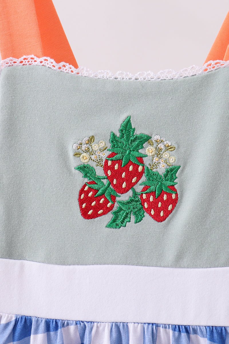 Sage strawberry embroidery ruffle gingham dress - Abbies Place