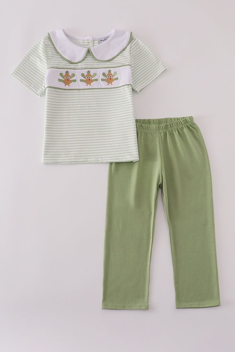 Sage turkey embroidery gingham pants set - Abbies Place