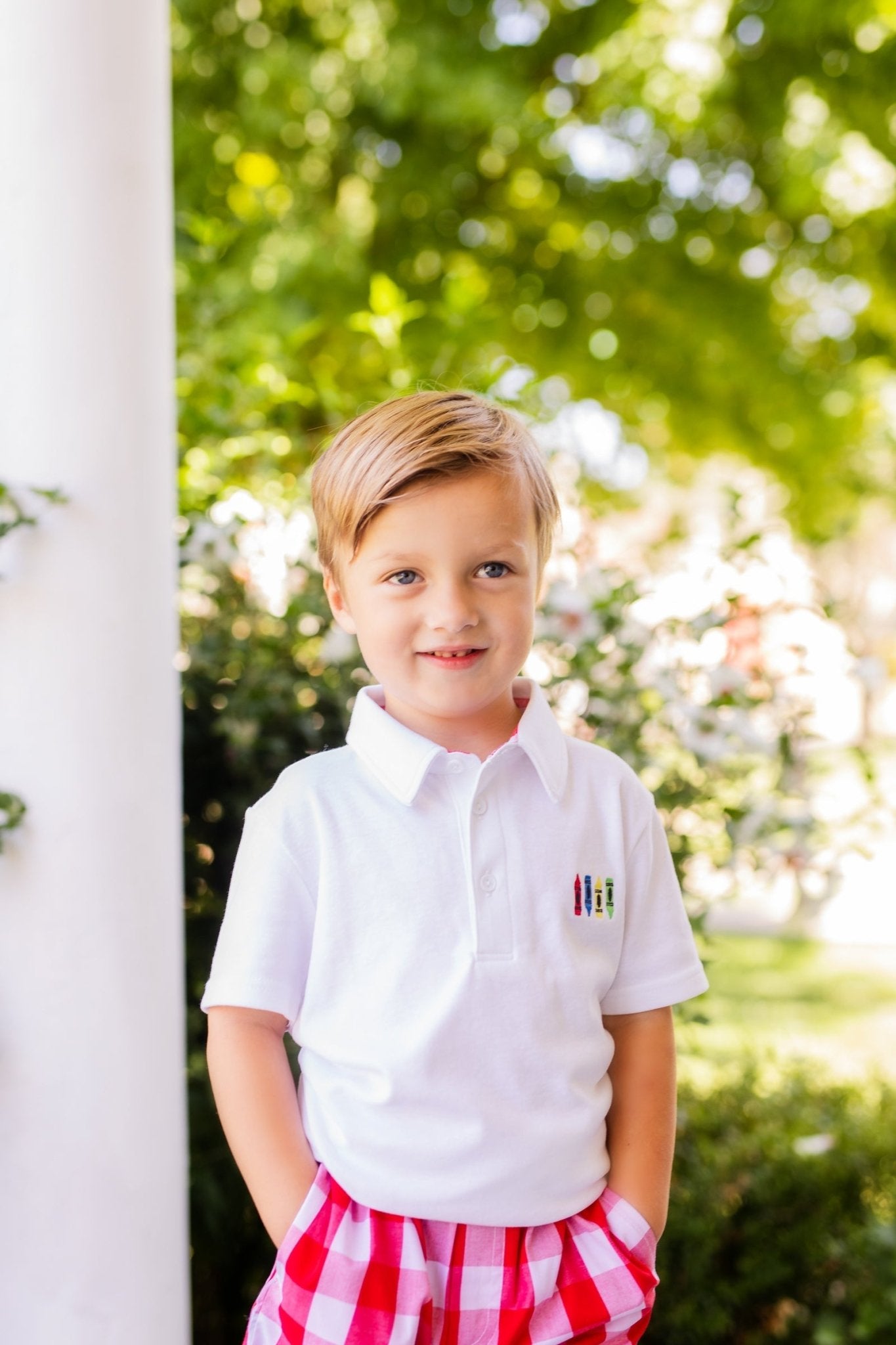Scribble Boys' White Knit Crayon Embroidery Polo & Red Gingham Shorts Set - Abbies Place