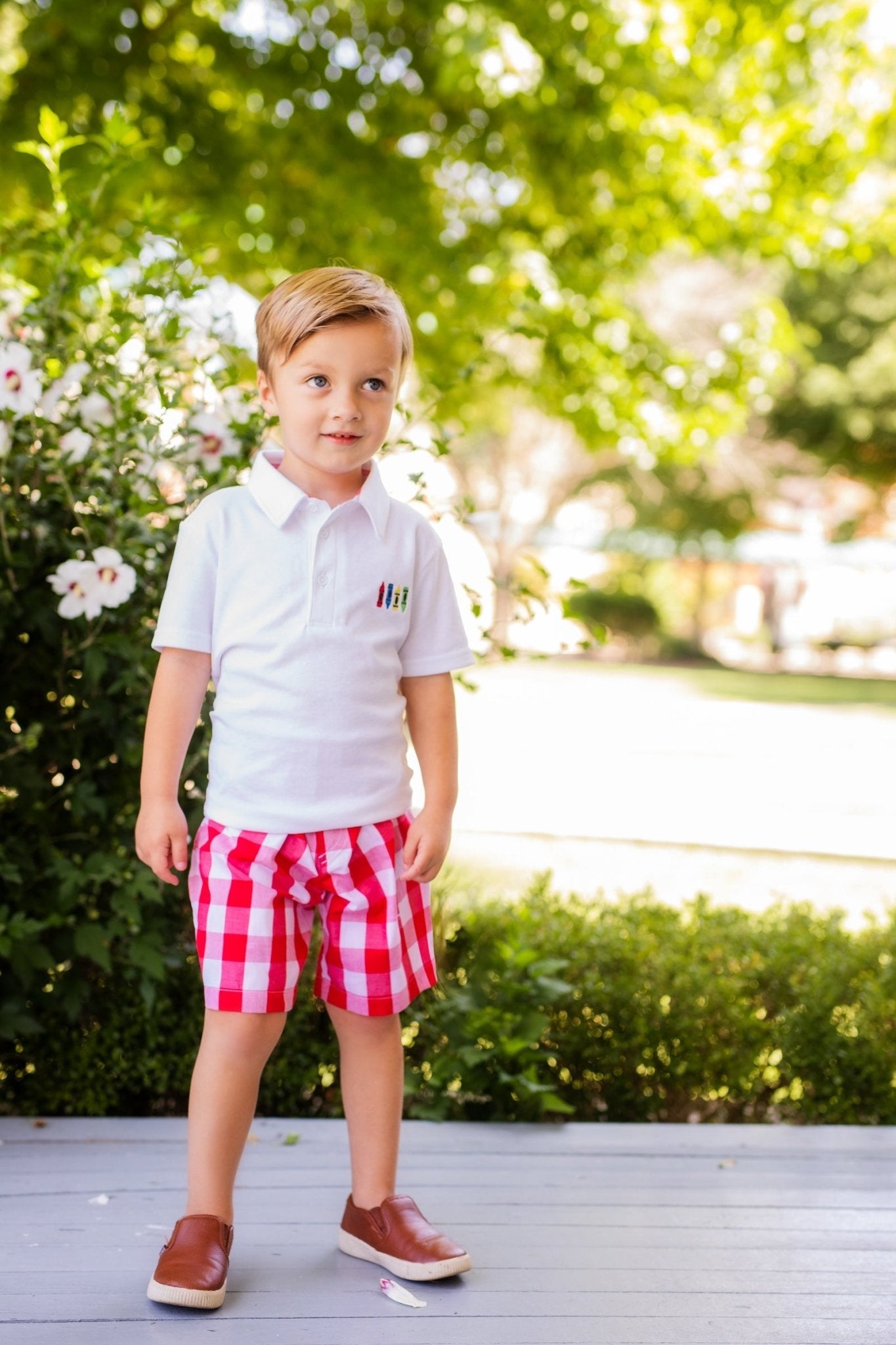 Scribble Boys' White Knit Crayon Embroidery Polo & Red Gingham Shorts Set - Abbies Place