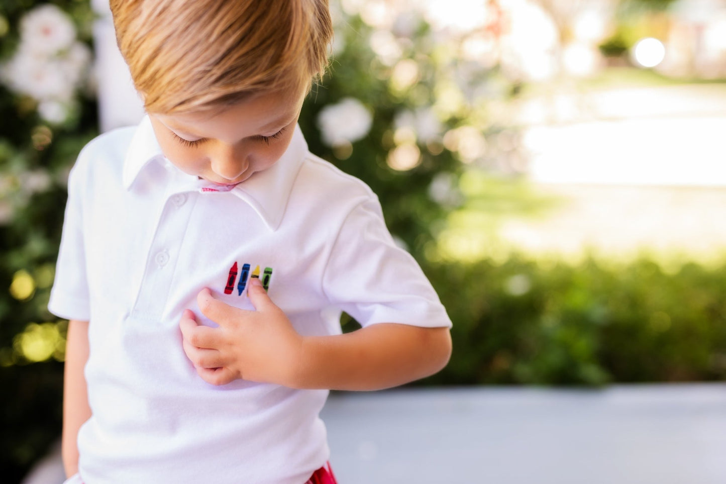 Scribble Boys' White Knit Crayon Embroidery Polo & Red Gingham Shorts Set - Abbies Place