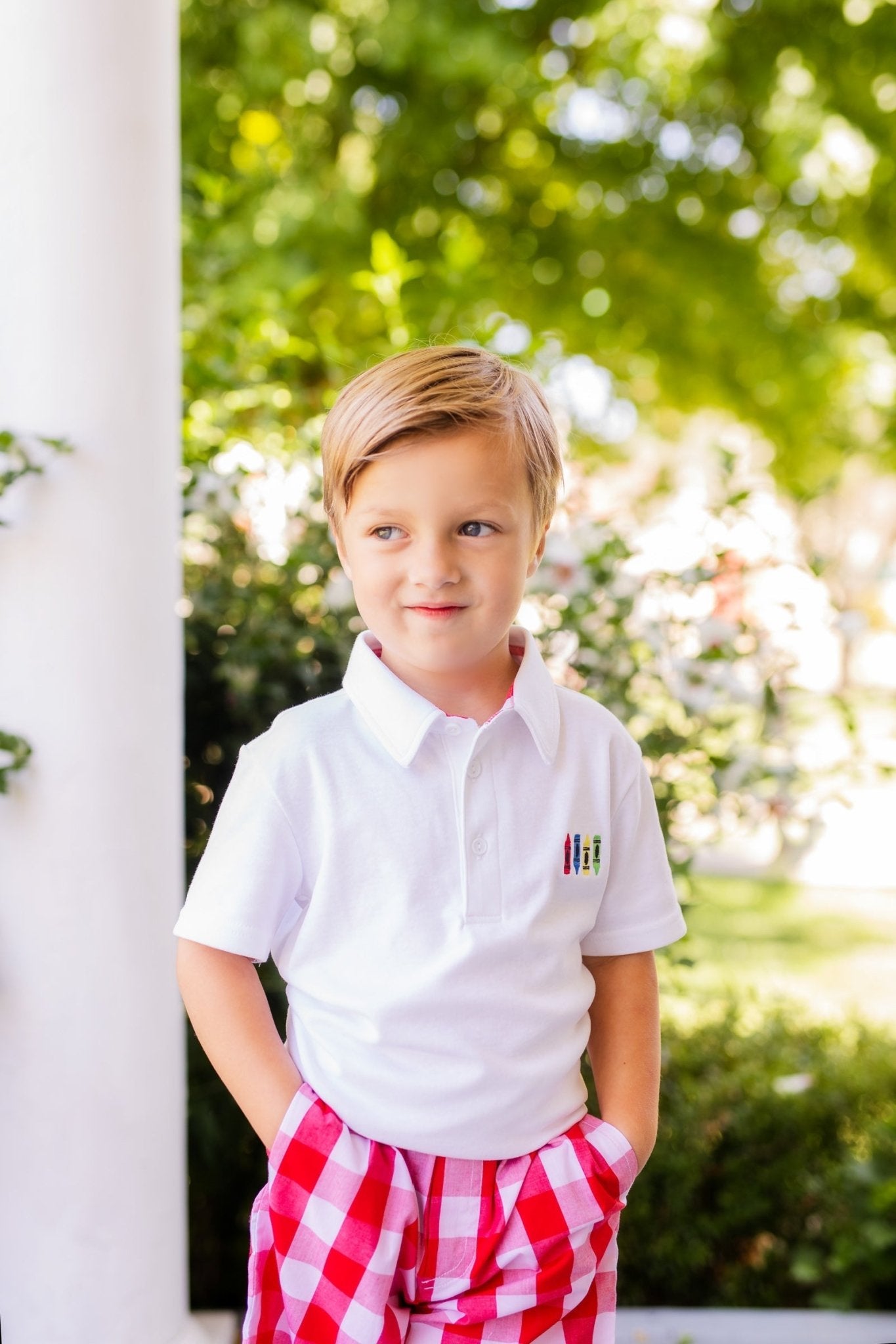 Scribble Boys' White Knit Crayon Embroidery Polo & Red Gingham Shorts Set - Abbies Place
