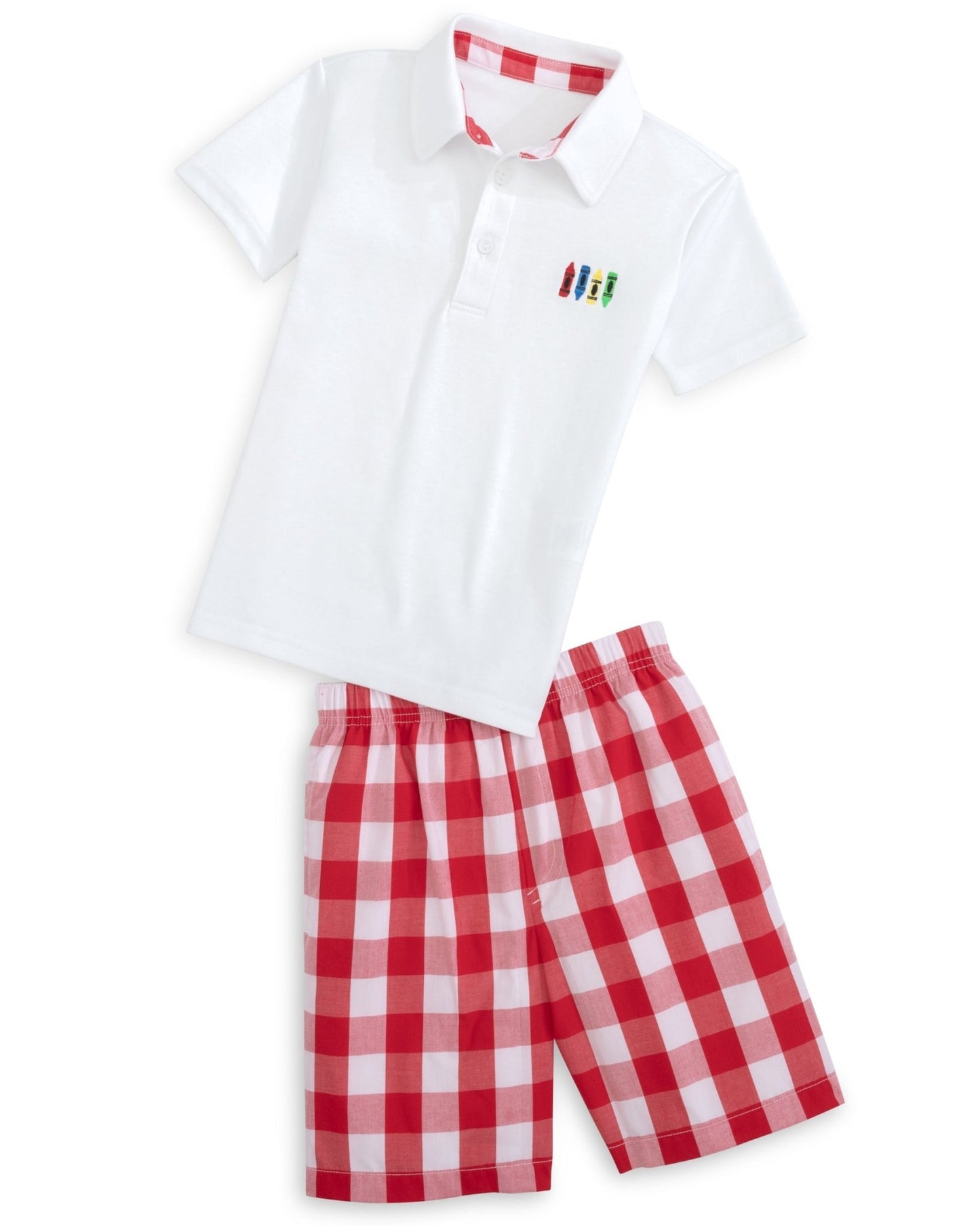 Scribble Boys' White Knit Crayon Embroidery Polo & Red Gingham Shorts Set - Abbies Place