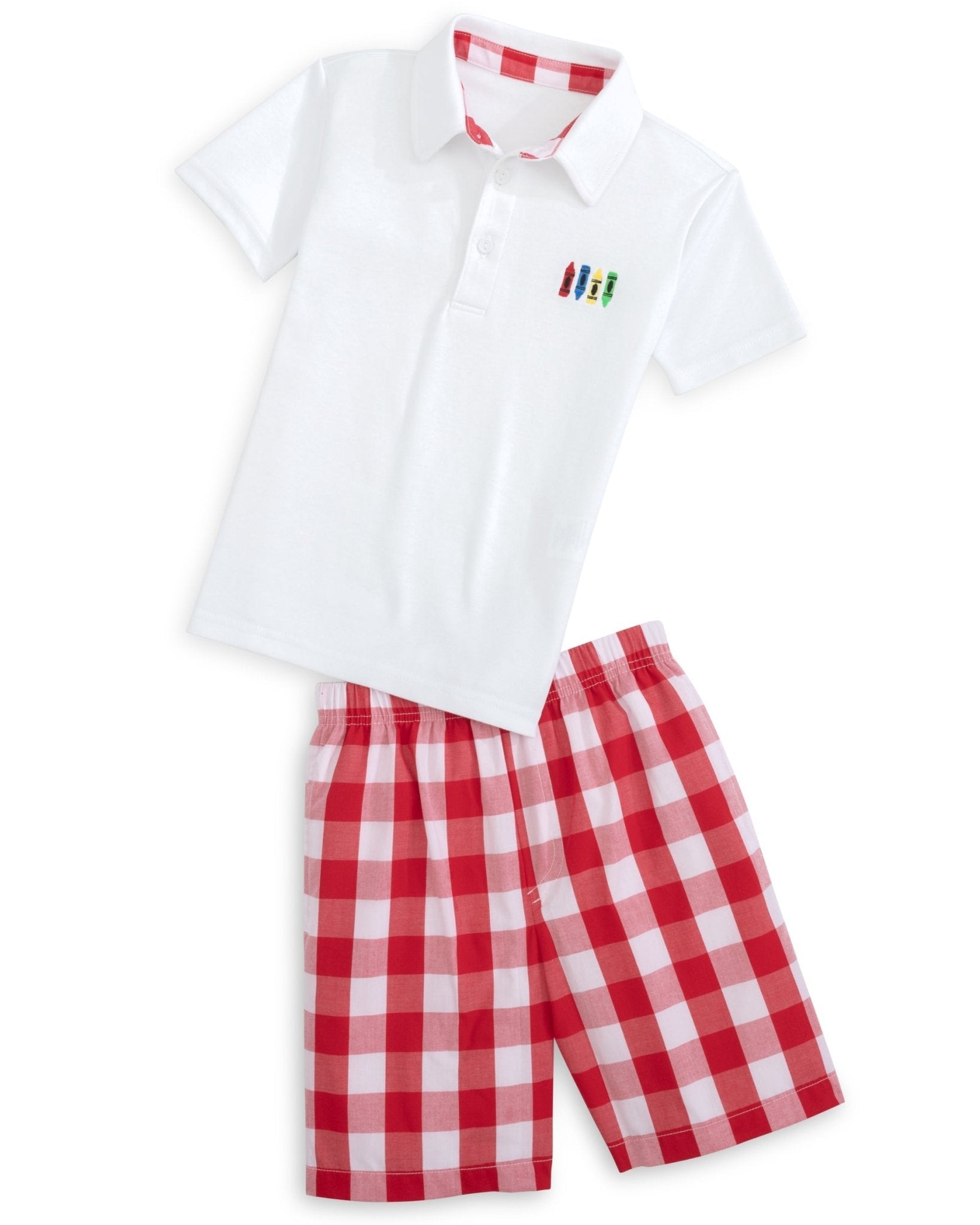 Scribble Boys' White Knit Crayon Embroidery Polo & Red Gingham Shorts Set - Abbies Place