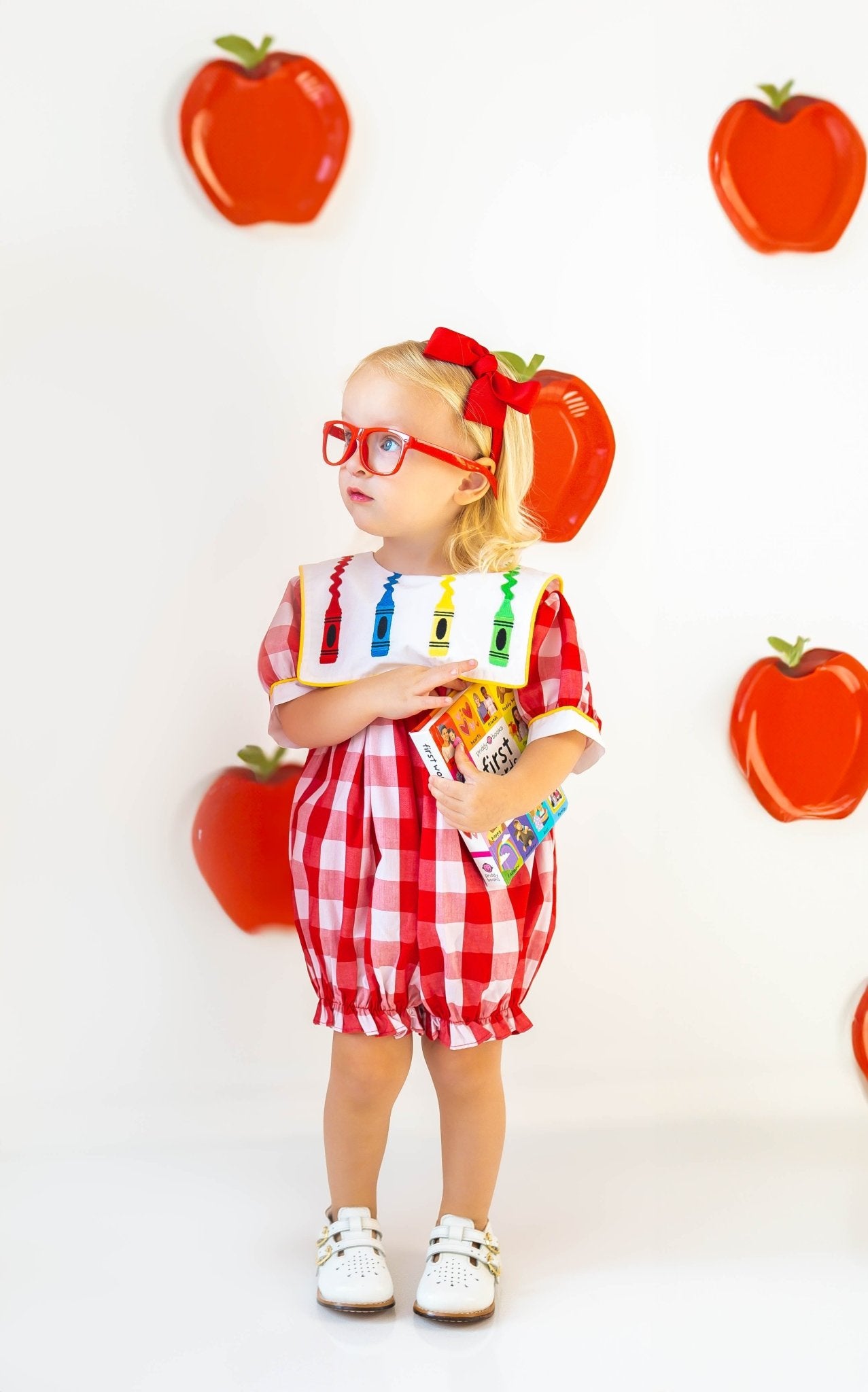 Scribble Red Gingham Bishop Collar Crayon Embroidery Bubble - Abbies Place