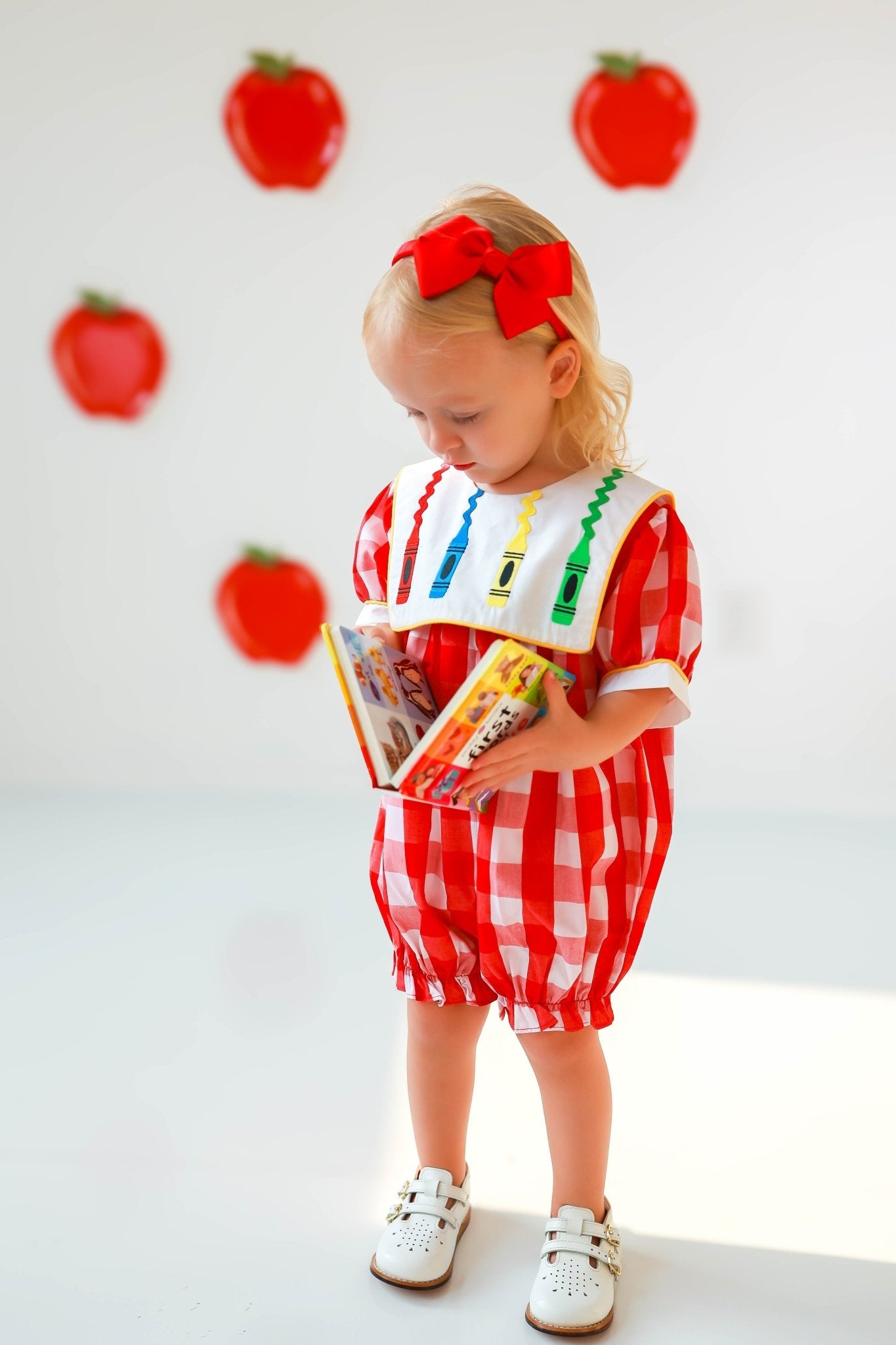 Scribble Red Gingham Bishop Collar Crayon Embroidery Bubble - Abbies Place