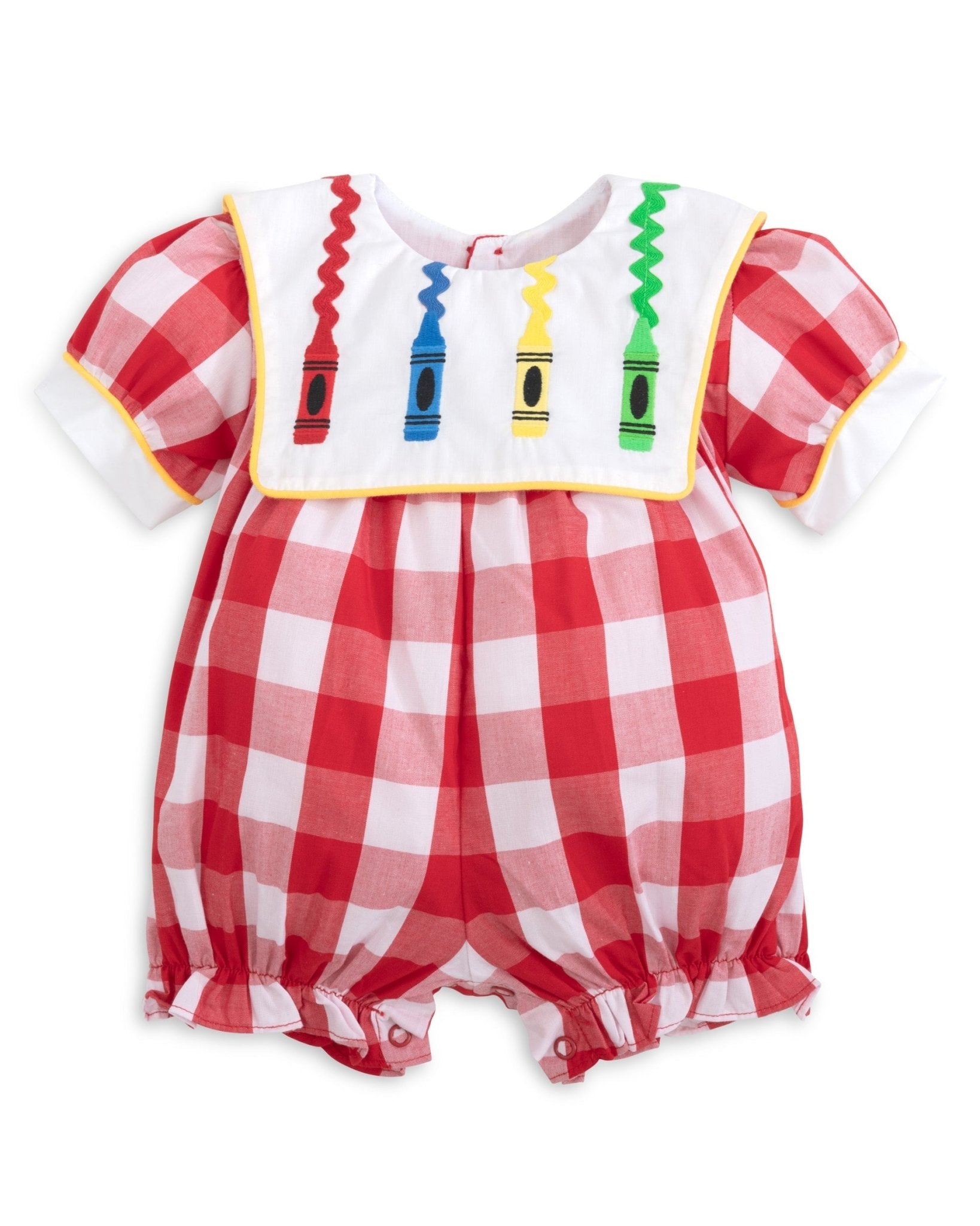 Scribble Red Gingham Bishop Collar Crayon Embroidery Bubble - Abbies Place