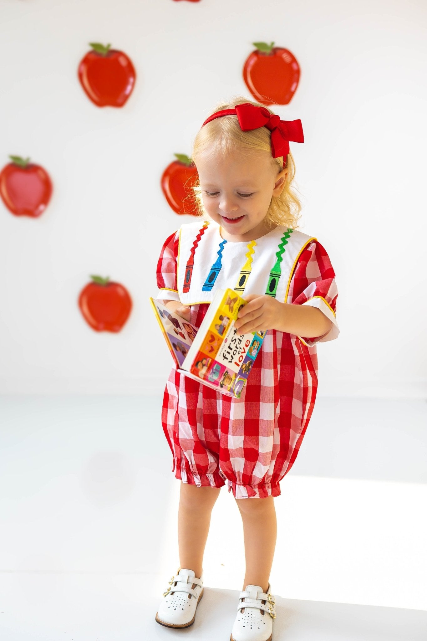 Scribble Red Gingham Bishop Collar Crayon Embroidery Bubble - Abbies Place