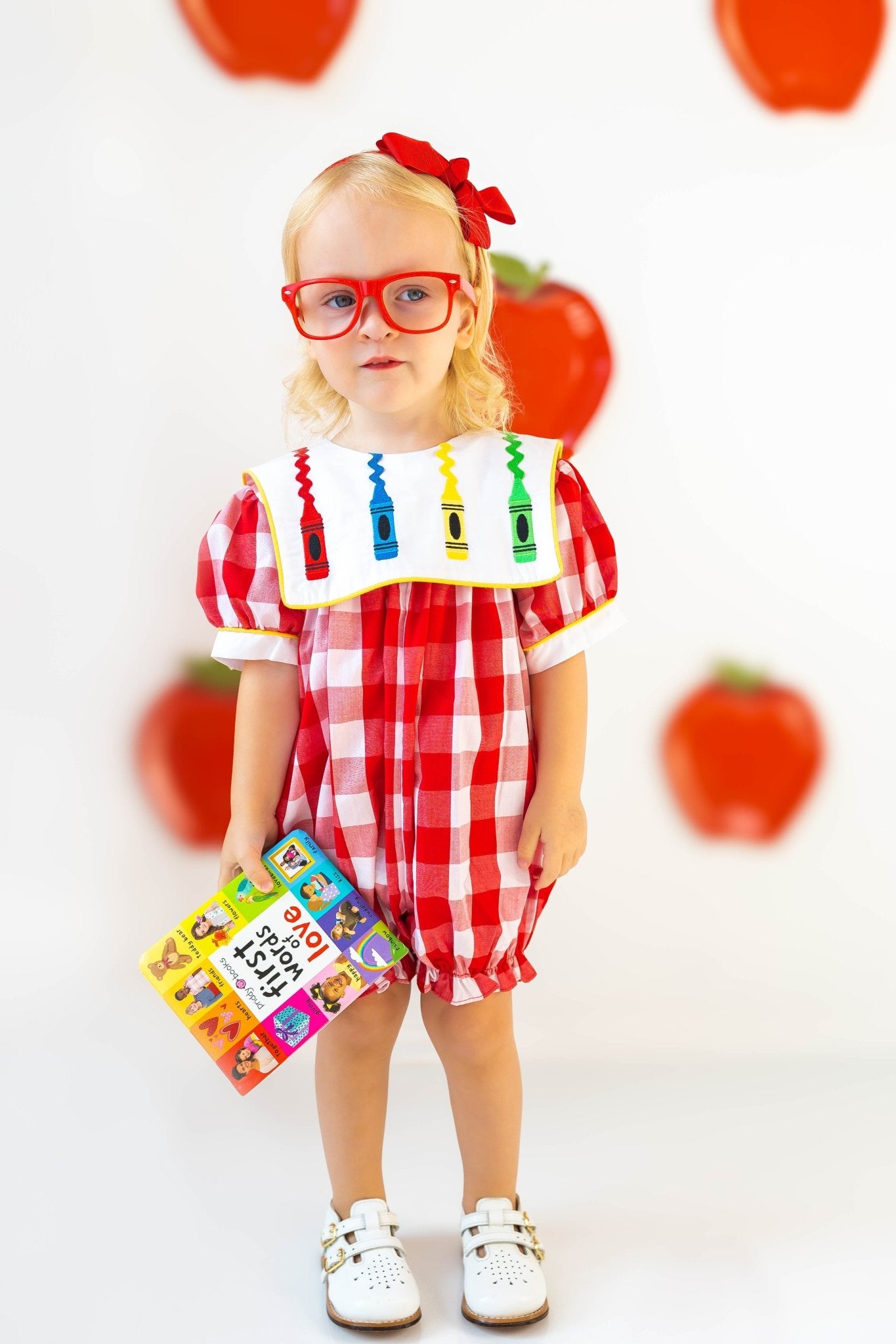 Scribble Red Gingham Bishop Collar Crayon Embroidery Bubble - Abbies Place
