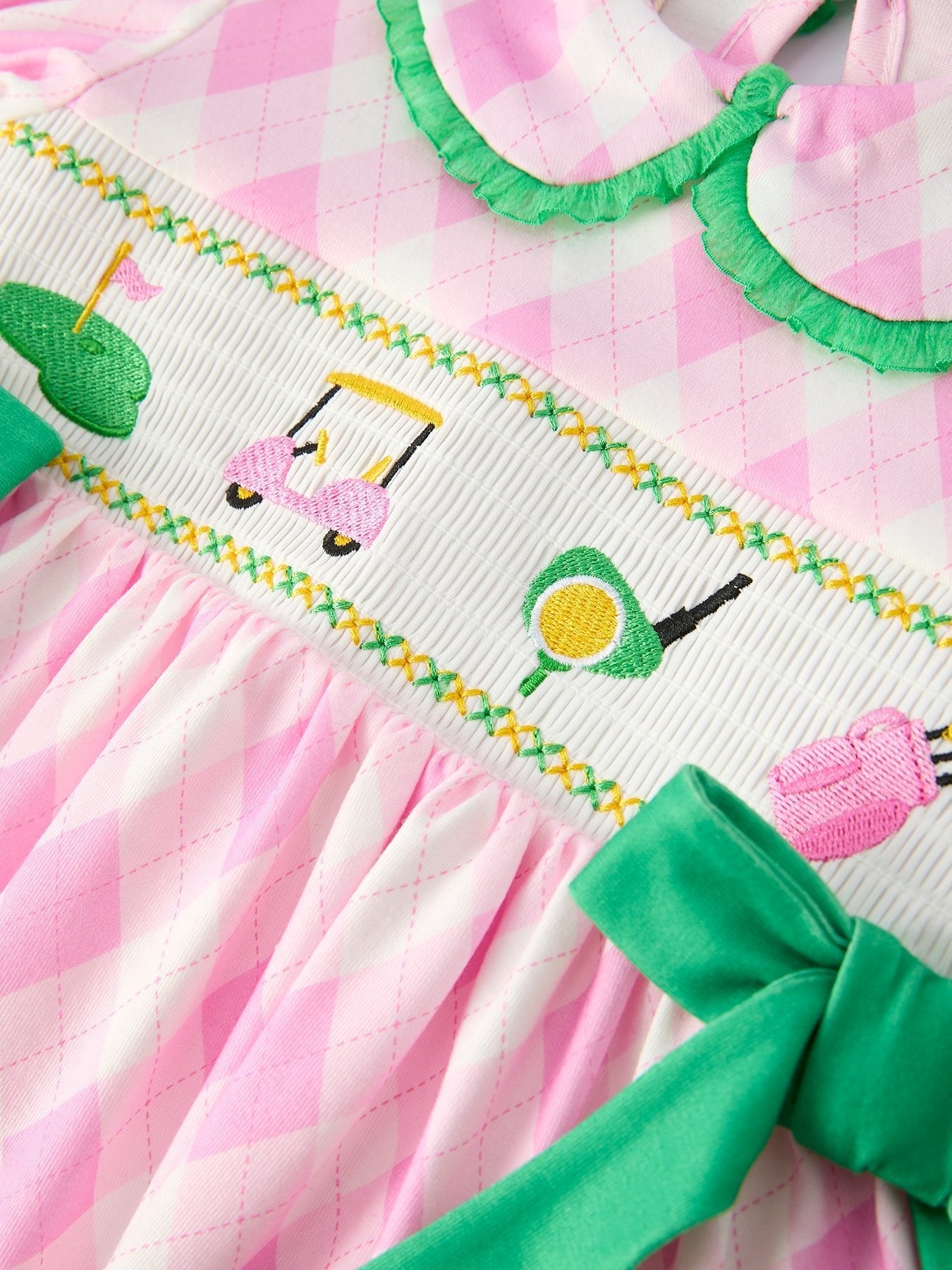 Spring Golf Embroidered Girls Smocked Bow Dress - Abbies Place